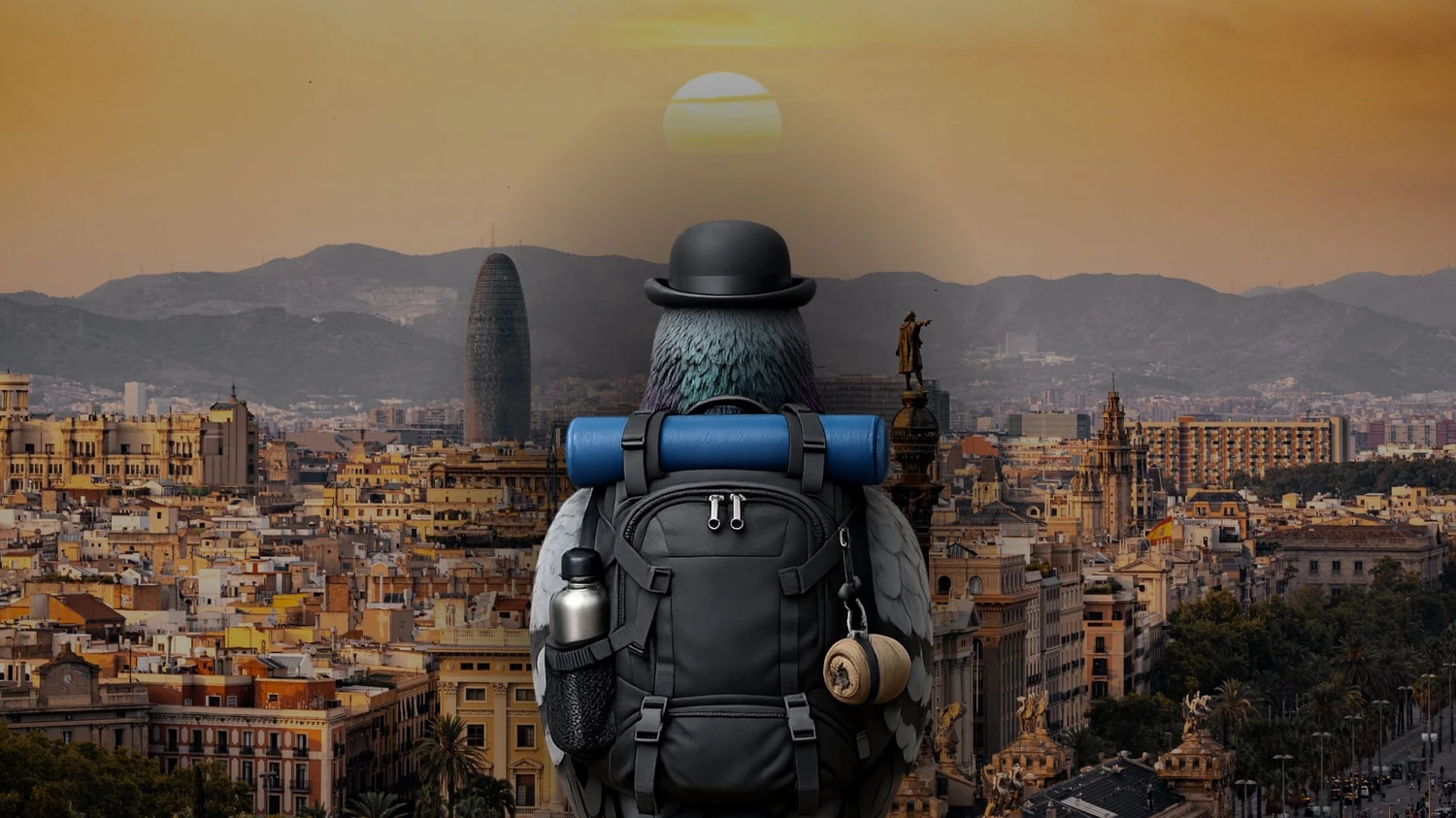 Polydemy pigeon mascot overlooking Barcelona