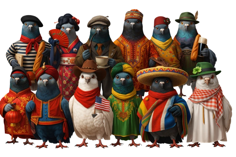 Polydemy pigeons representing different cultures